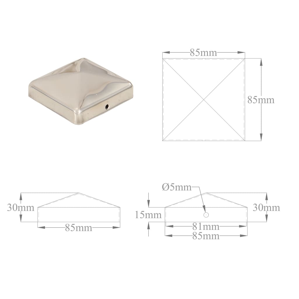 Capuchons de poteaux 6 pcs pyramide 81x81 mm acier inoxydable