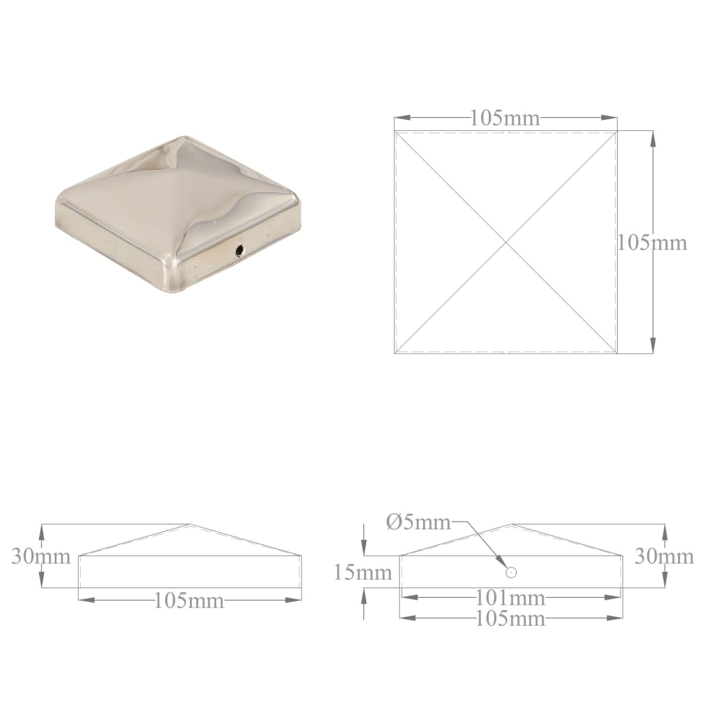 Capuchons de poteaux 6 pcs pyramide 101x101 mm acier inoxydable