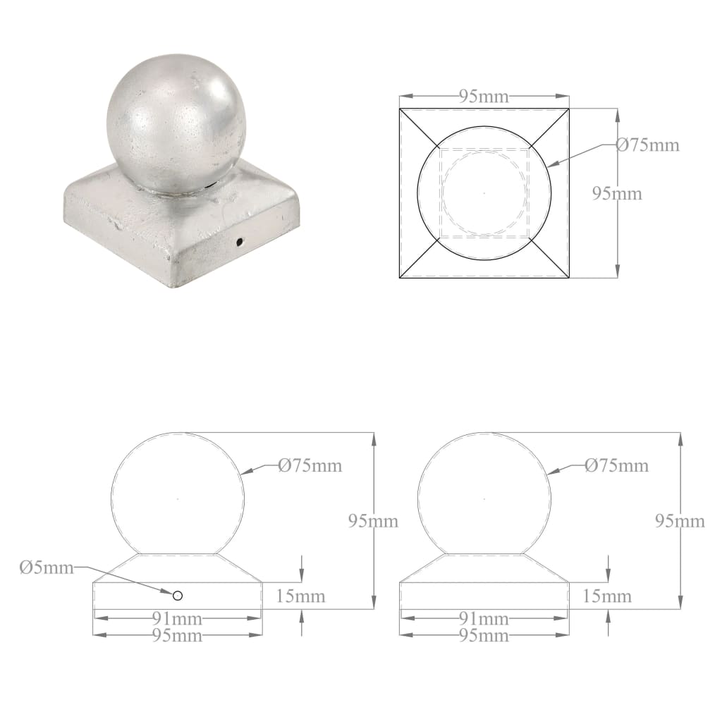 Capuchons de poteaux 6 pcs boule 91x91 mm métal galvanisé