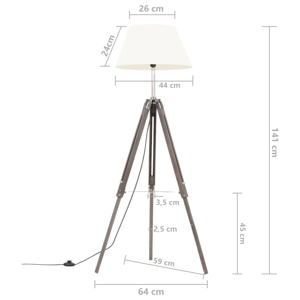 Vloerlamp driepoot 141 cm massief teakhout grijs en wit