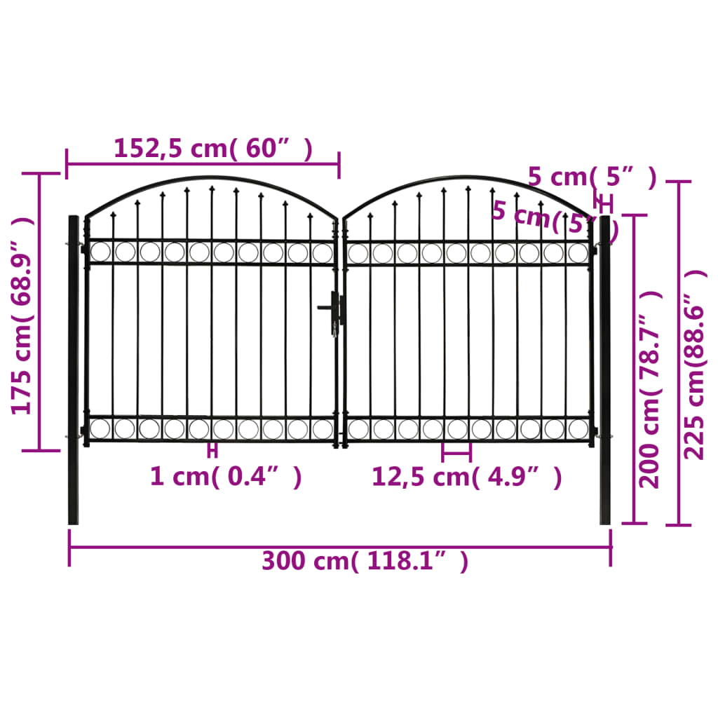 Poort met gebogen bovenkant dubbel 400x125 cm staal zwart