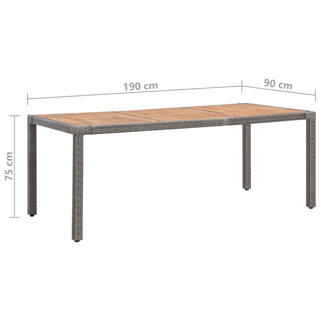 Table de jardin 190x90x75 cm poly rotin et bois d'acacia massif gris