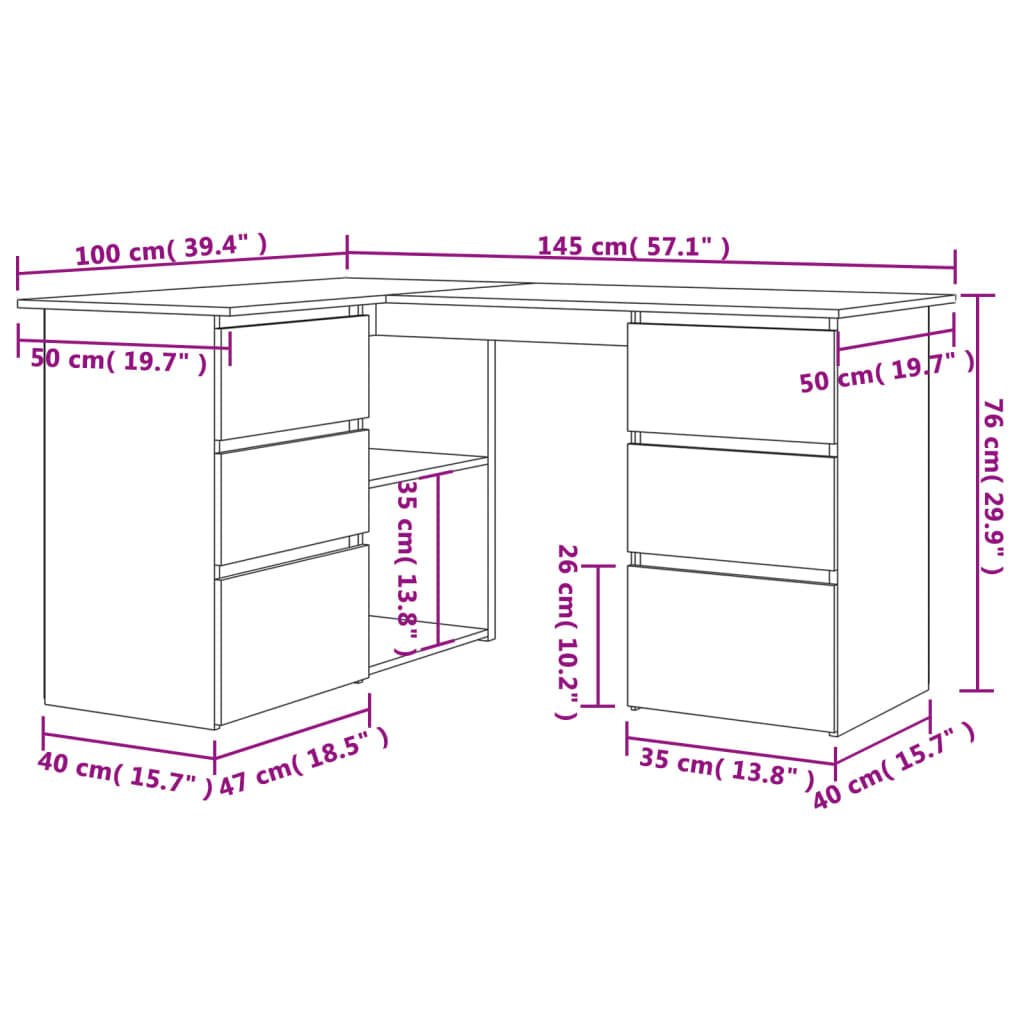 Hoekbureau 145x100x76 cm bewerkt hout