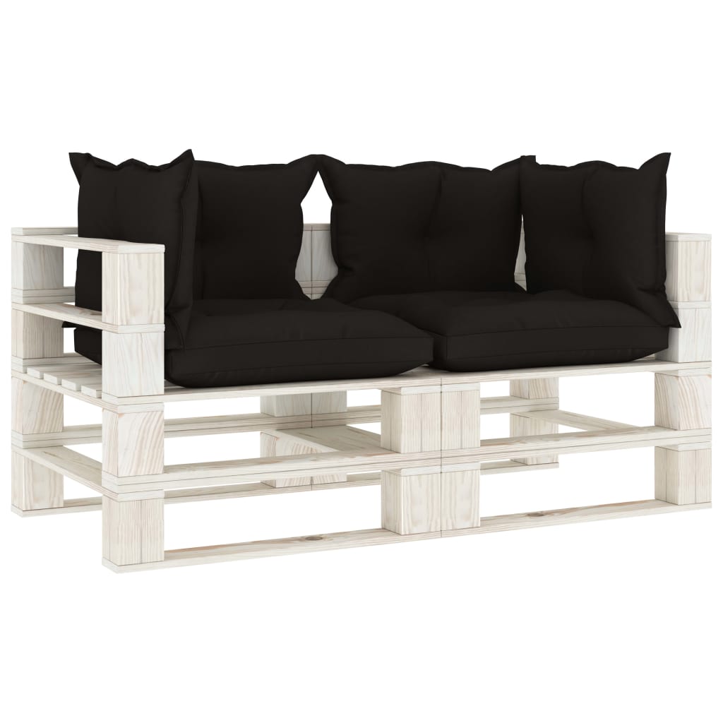 Banc de jardin 2 places avec coussins taupe, bois de palette