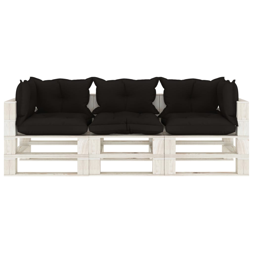 Banc de jardin 4 places avec coussins noirs, bois de palette