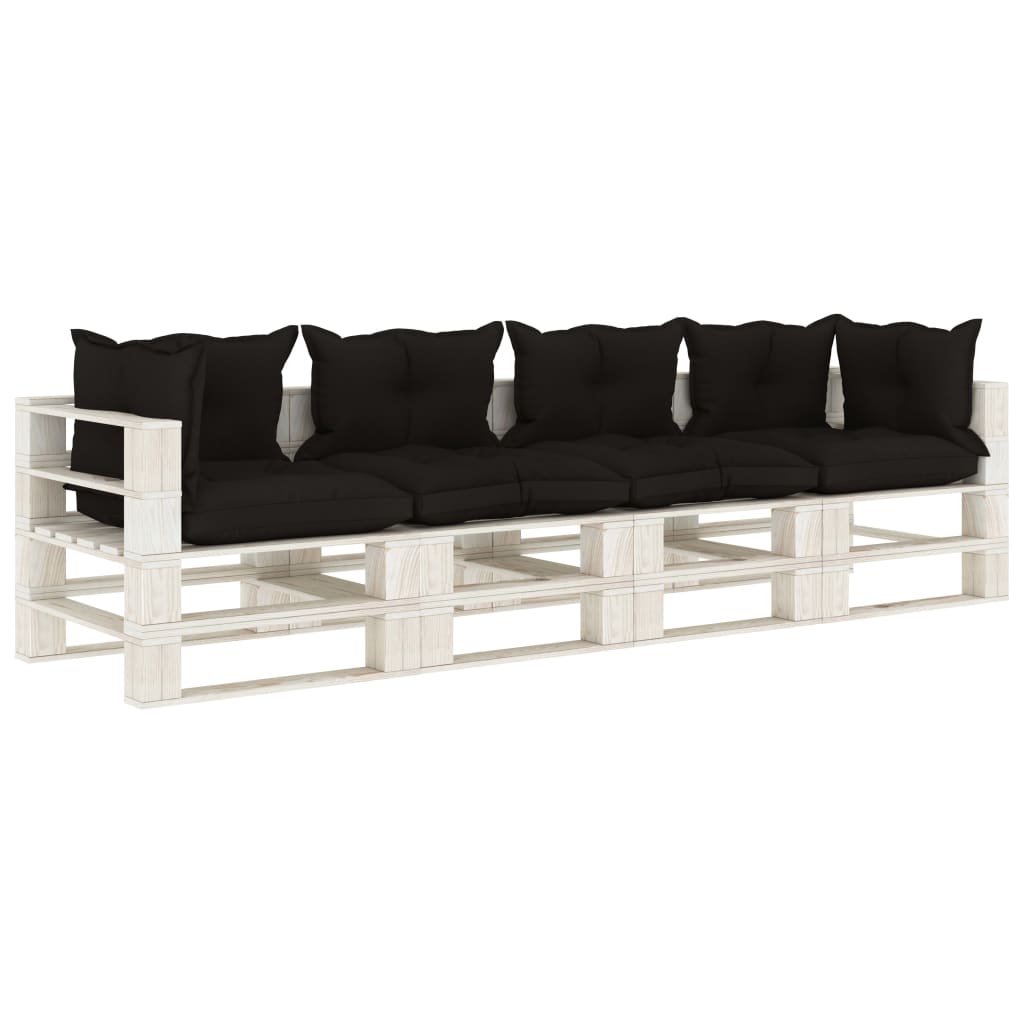 Banc de jardin 4 places avec coussins noirs, bois de palette