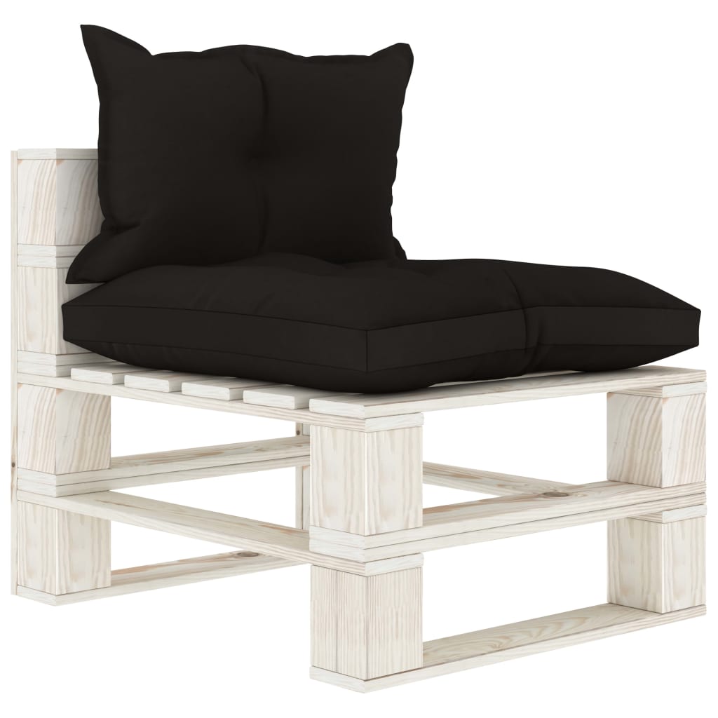 Banc de jardin 4 places avec coussins noirs, bois de palette