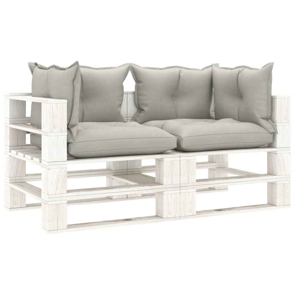 Banc de jardin 2 places avec coussins taupe, bois de palette