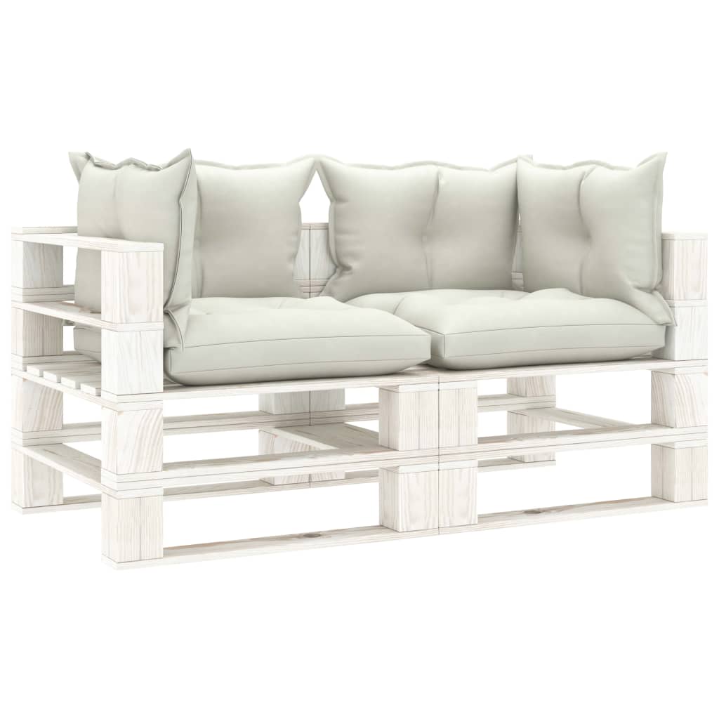 Banc de jardin 2 places avec coussins taupe, bois de palette