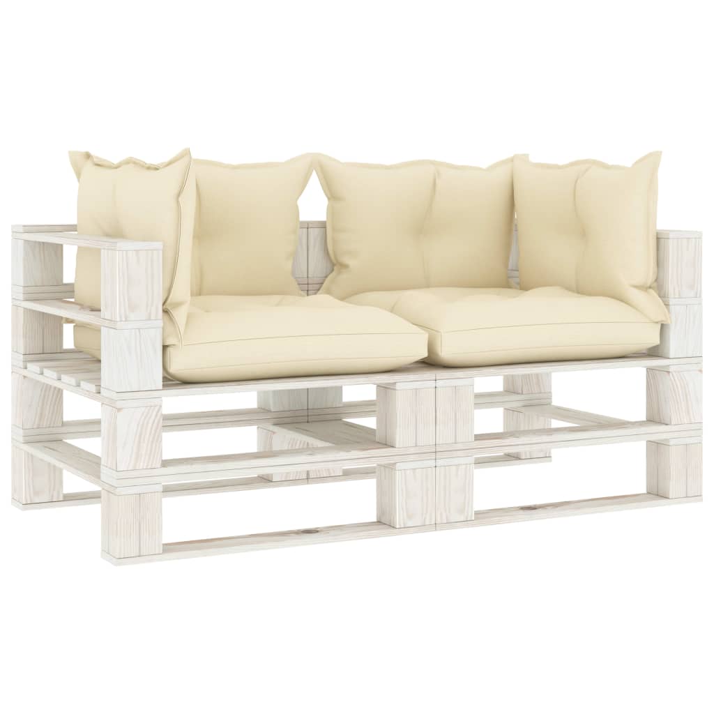 Banc de jardin 2 places avec coussins taupe, bois de palette