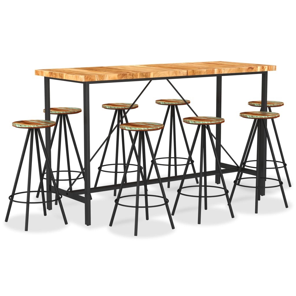 Ensemble de bar 9 pièces en bois d'acacia massif et bois massif recyclé