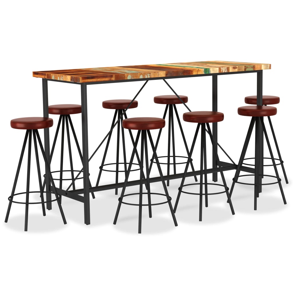 Ensemble de bar 9 pièces en bois d'acacia massif et cuir véritable