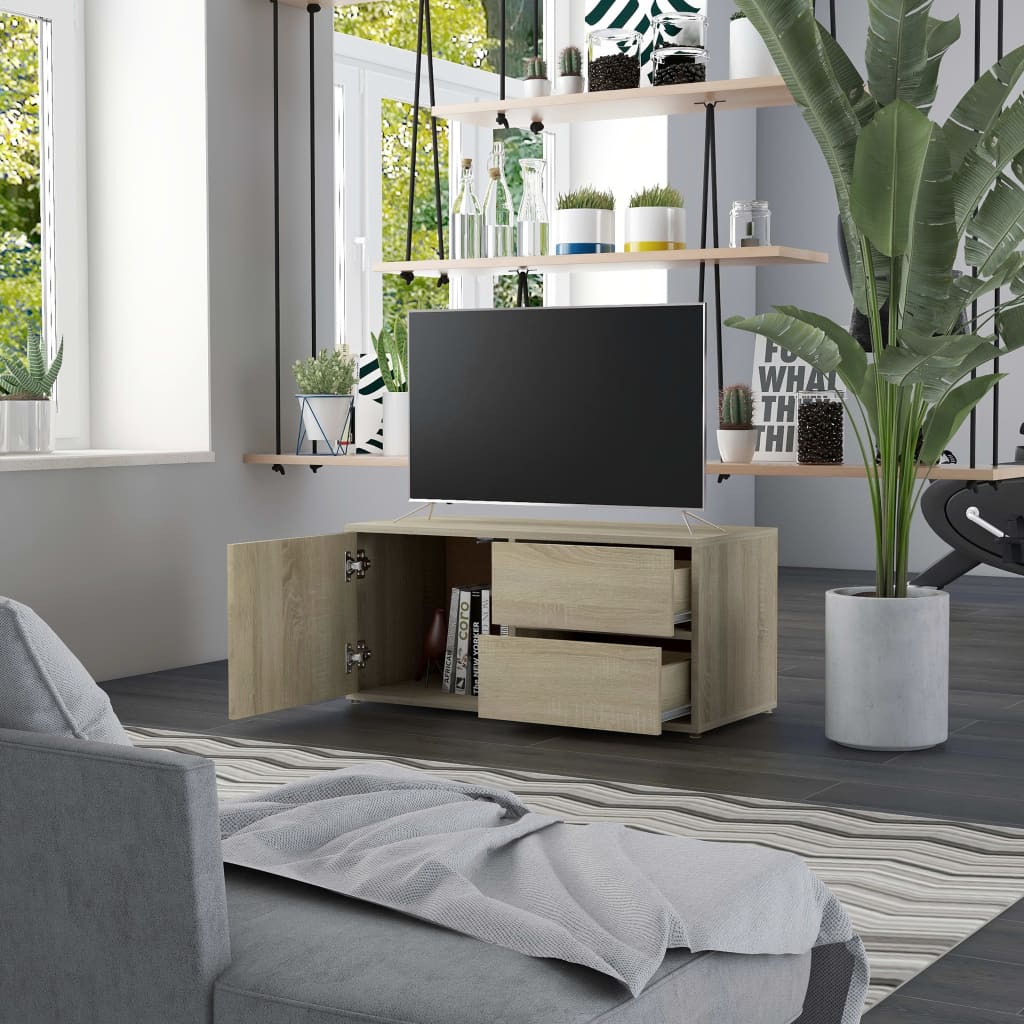 Meuble TV 80x34x36 cm ouvré en bois couleur chêne