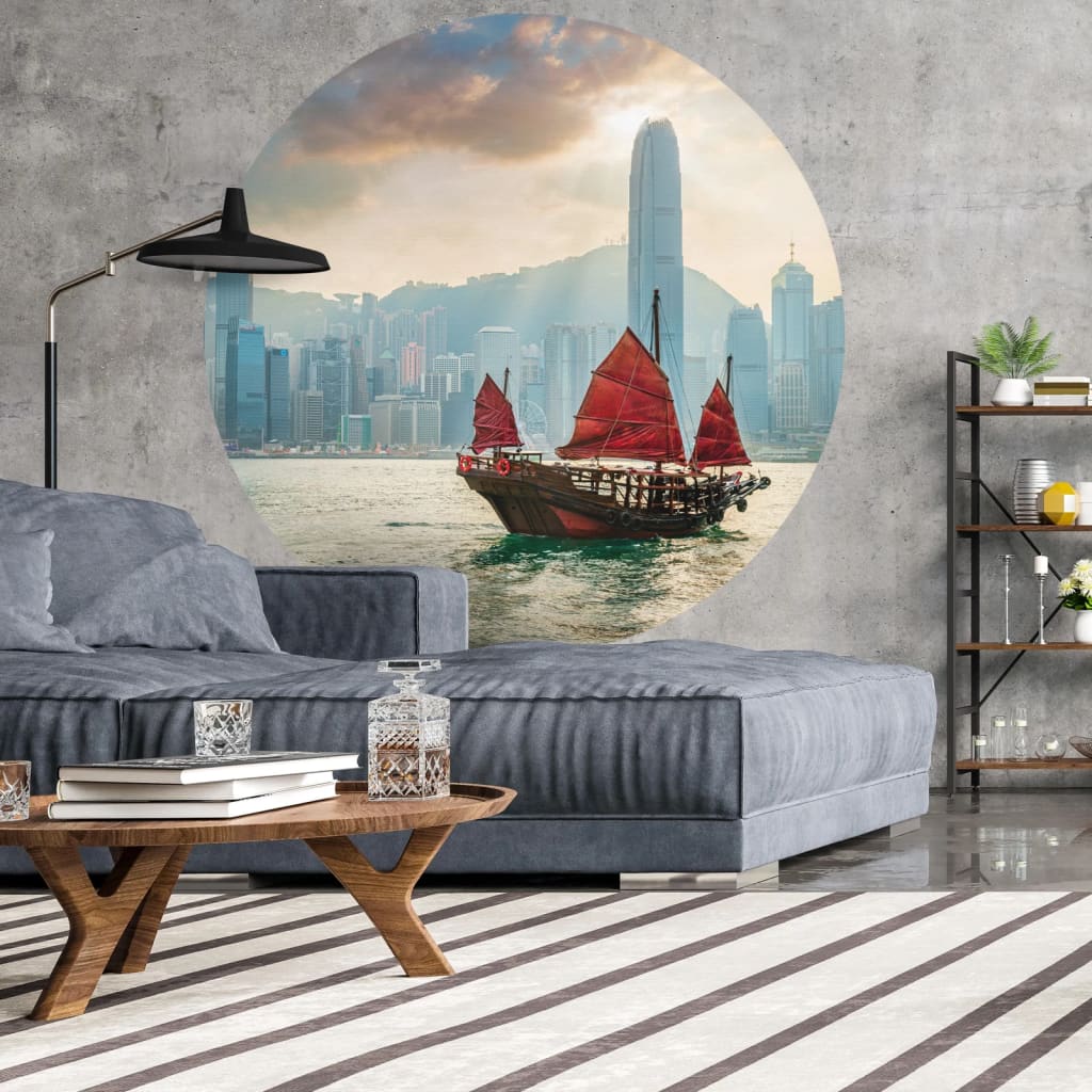 WallArt Behangcirkel Skyline with Junk Boat 142,5 cm