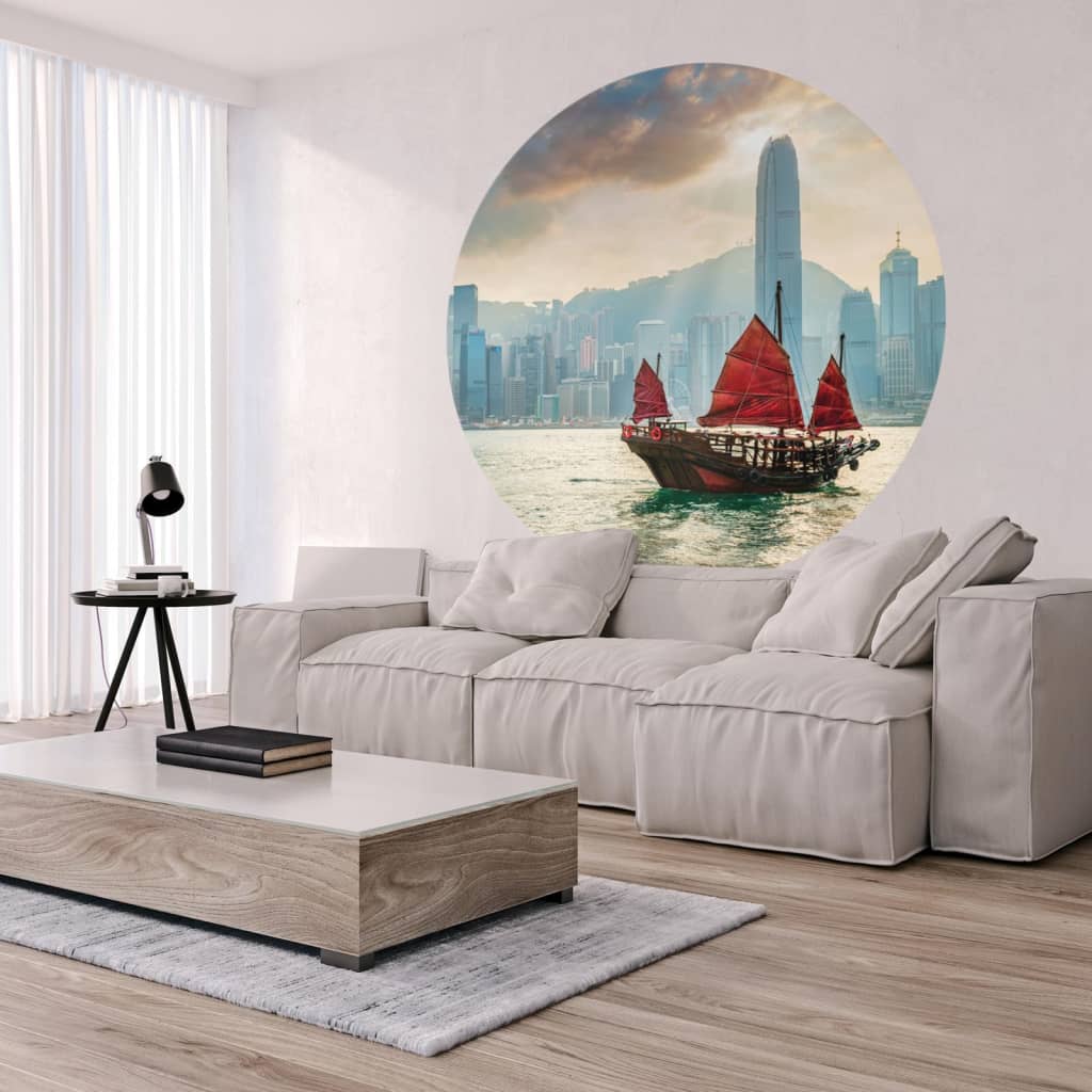 WallArt Behangcirkel Skyline with Junk Boat 142,5 cm