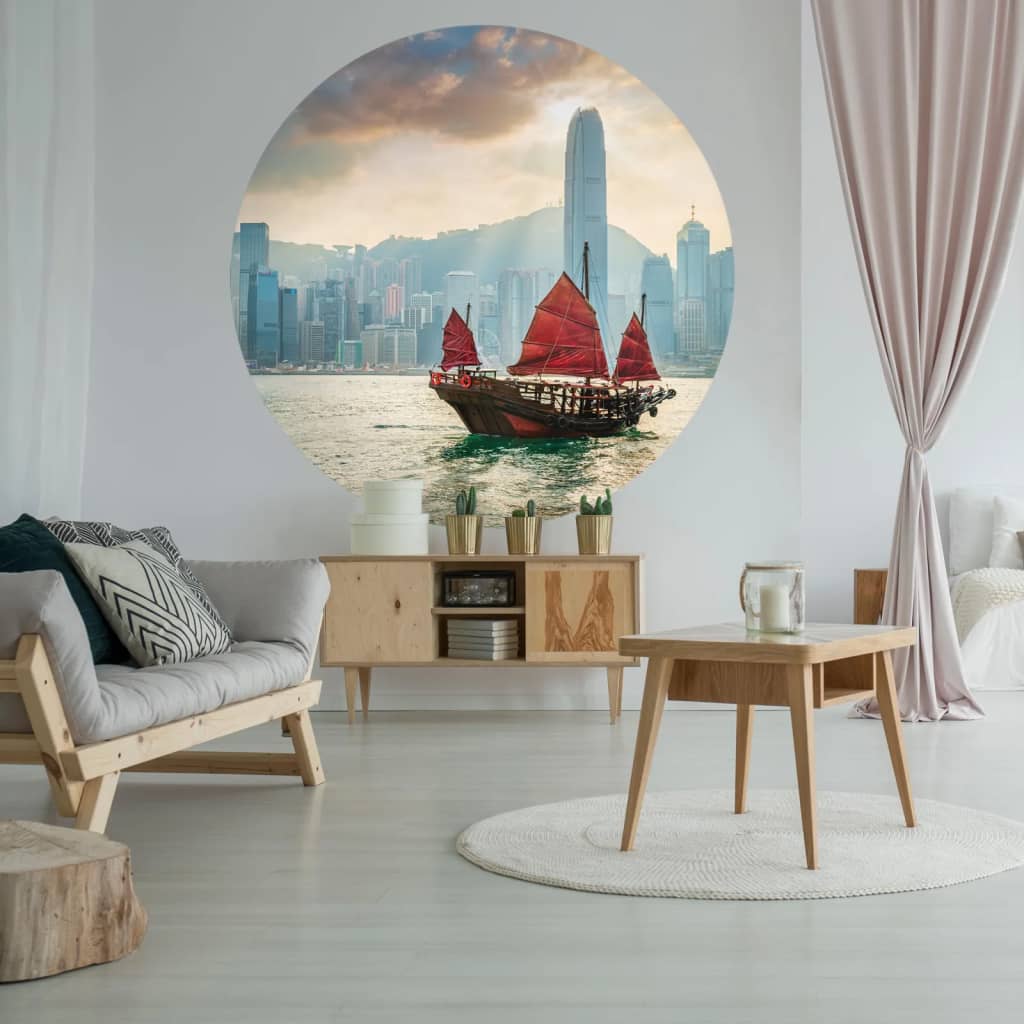 WallArt Behangcirkel Skyline with Junk Boat 142,5 cm