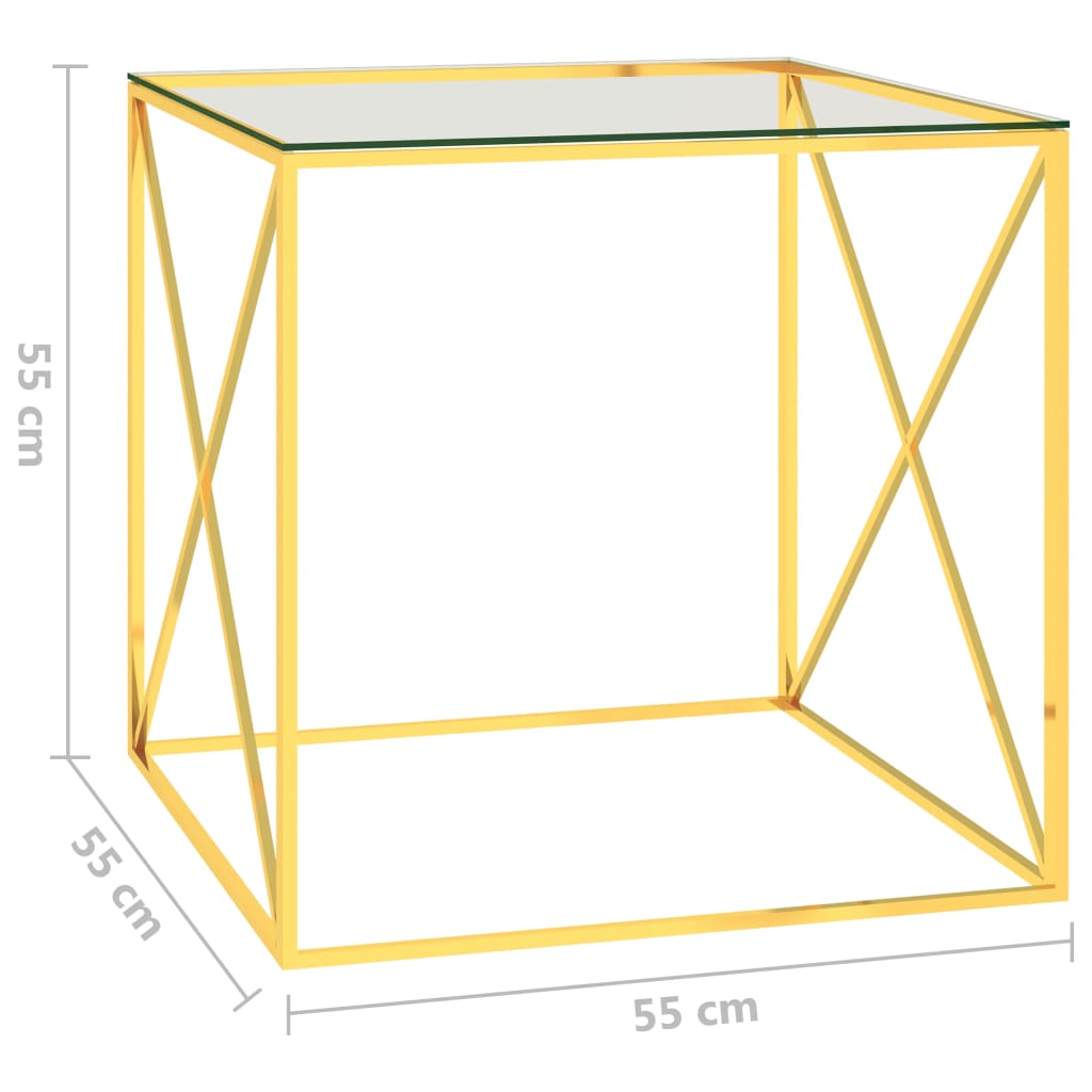 Table basse 55x55x55 cm en acier inoxydable et verre doré