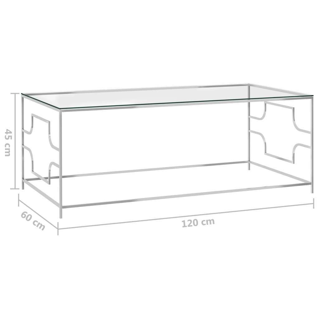 Table basse 120x60x45 cm en acier inoxydable et verre argenté