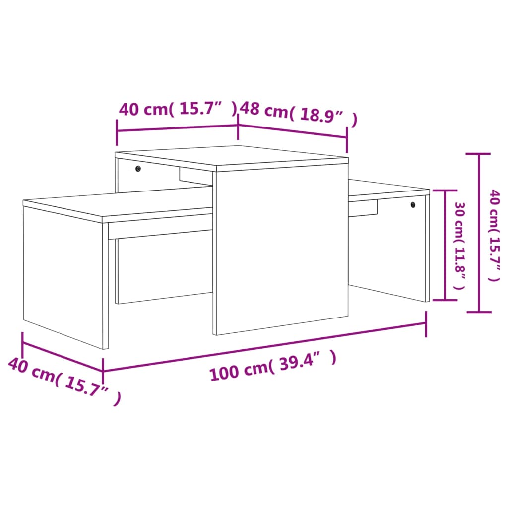 Ensemble table basse 100x48x40 cm en bois travaillé