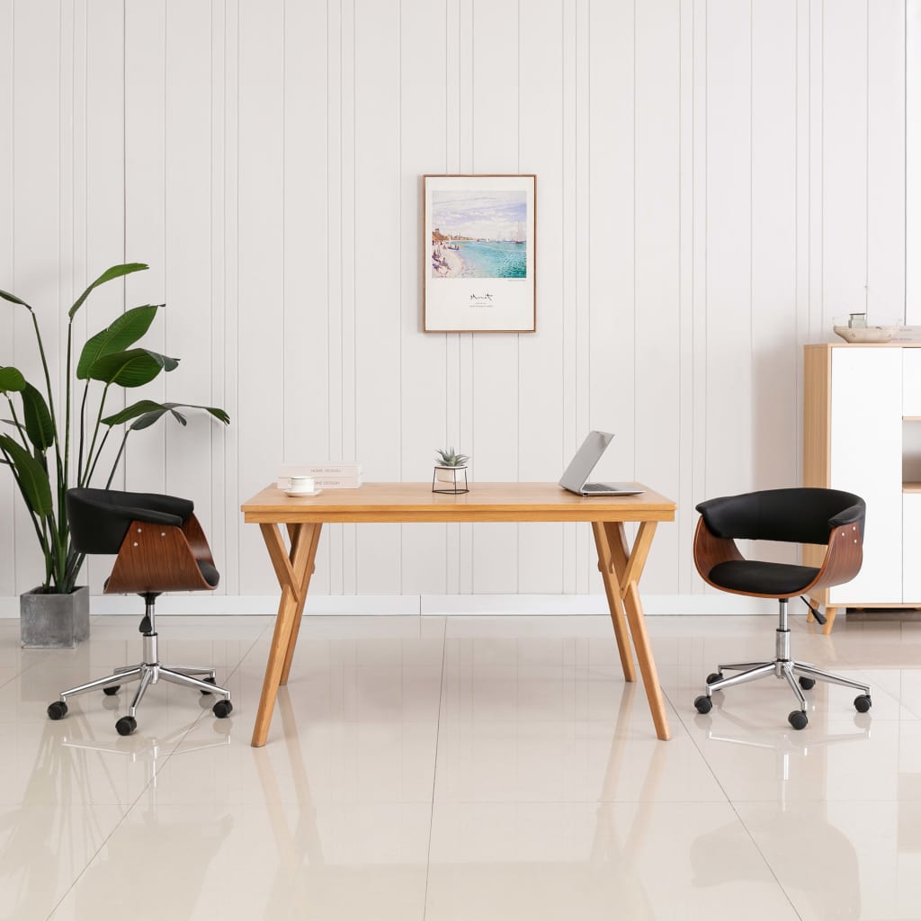 Chaise de bureau pivotante courbée en bois et tissu gris