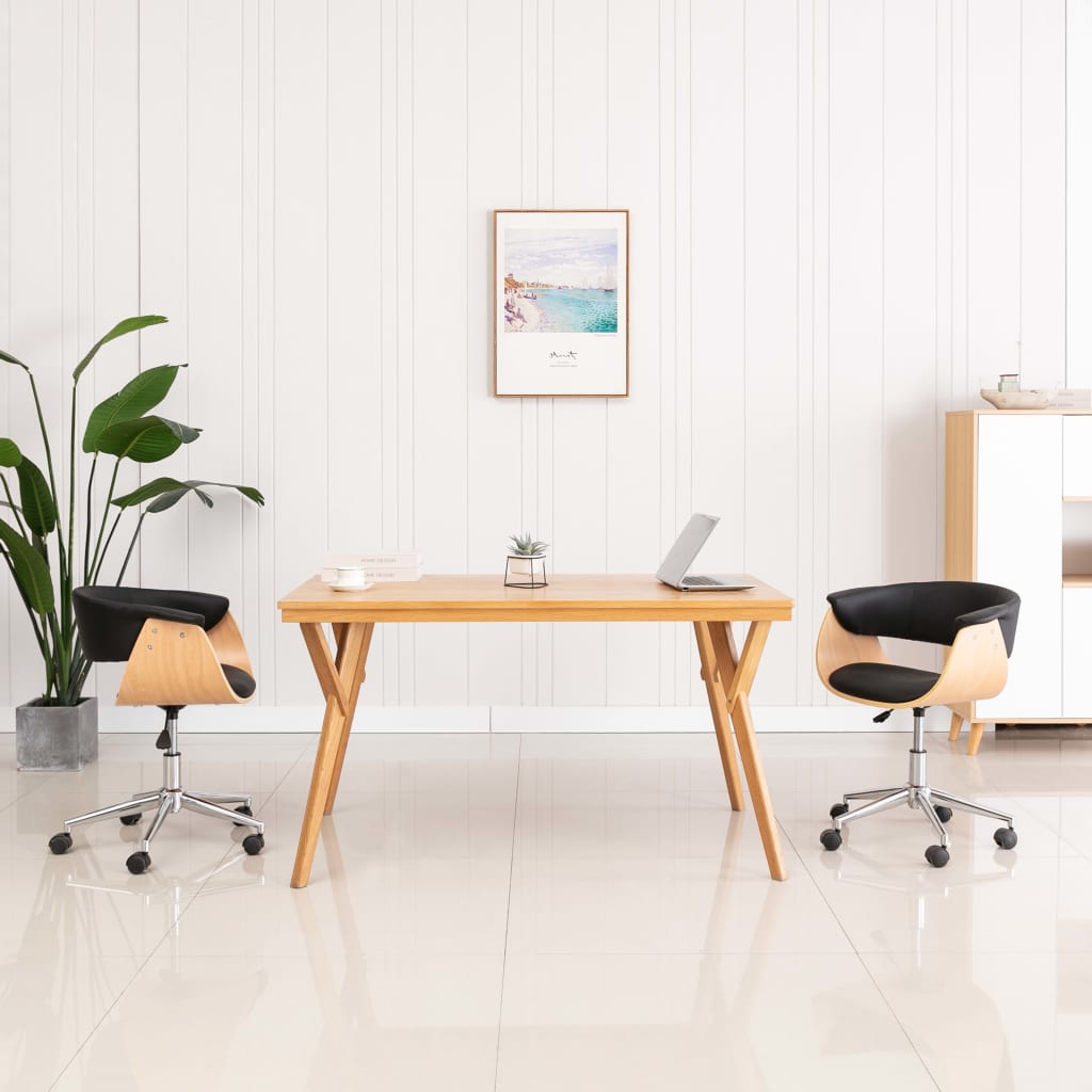 Chaise de bureau pivotante courbée en bois et tissu gris