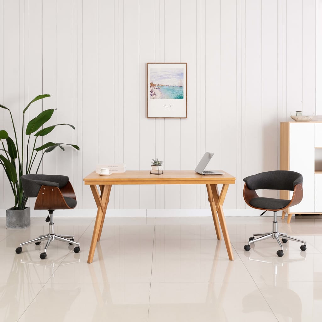 Chaise de bureau pivotante courbée en bois et tissu gris