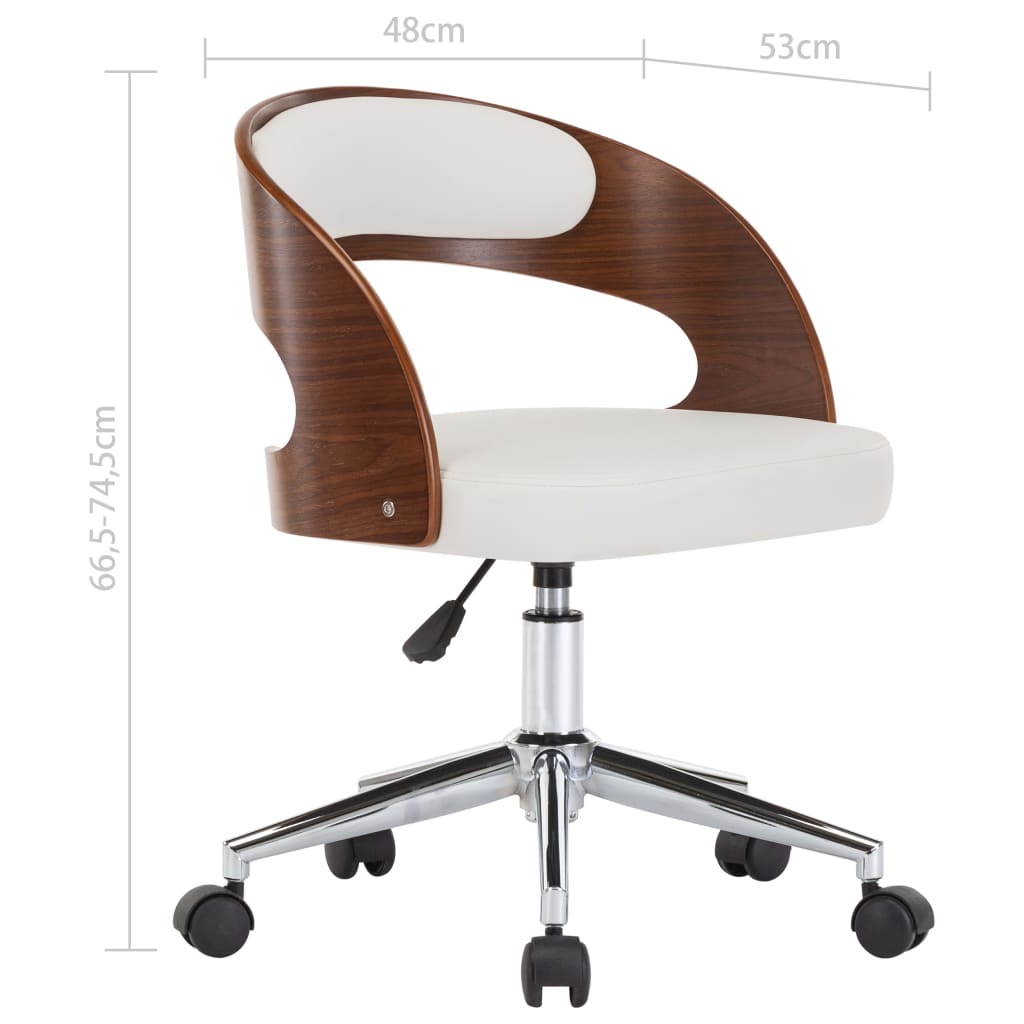 Chaise de bureau pivotante en bois courbé et cuir artificiel blanc