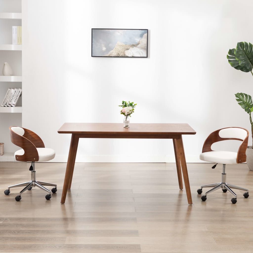 Chaise de bureau pivotante en bois courbé et cuir artificiel blanc