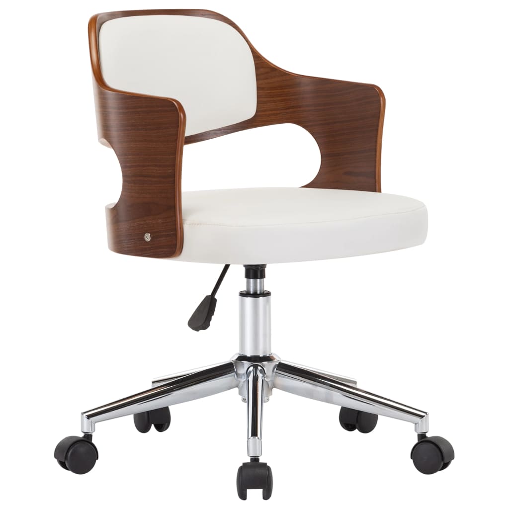 Chaise de bureau pivotante en bois courbé et cuir artificiel blanc