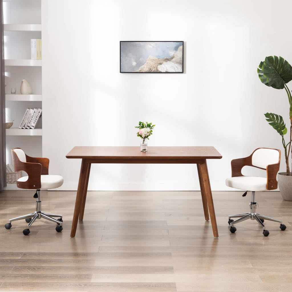 Chaise de bureau pivotante en bois courbé et cuir artificiel blanc