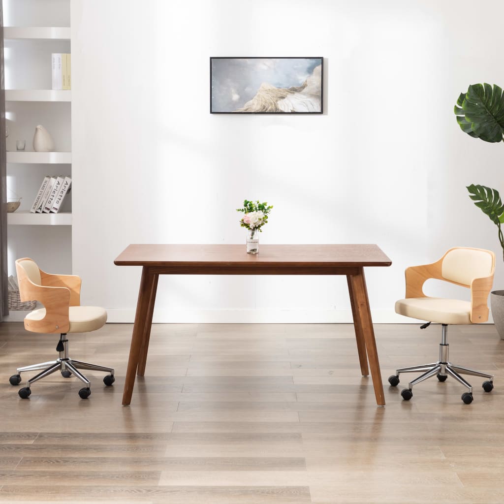 Chaise de bureau pivotante en bois courbé et cuir artificiel blanc