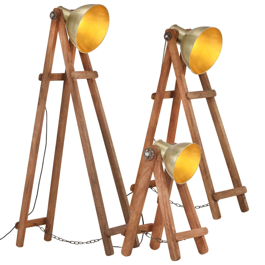 Lampadaires 3 pcs E27 en bois de manguier massif couleur laiton