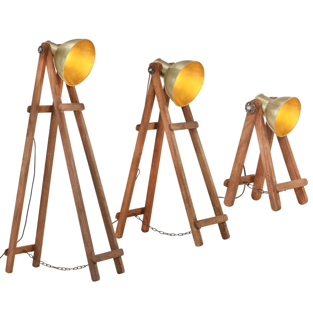 Lampadaires 3 pcs E27 en bois de manguier massif couleur laiton