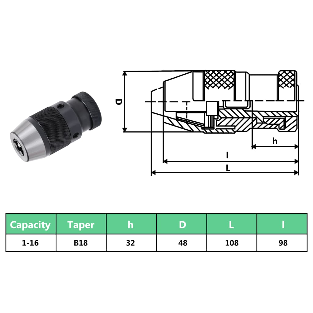 Mandrin sans clé MT3-B18 avec plage de serrage de 16 mm