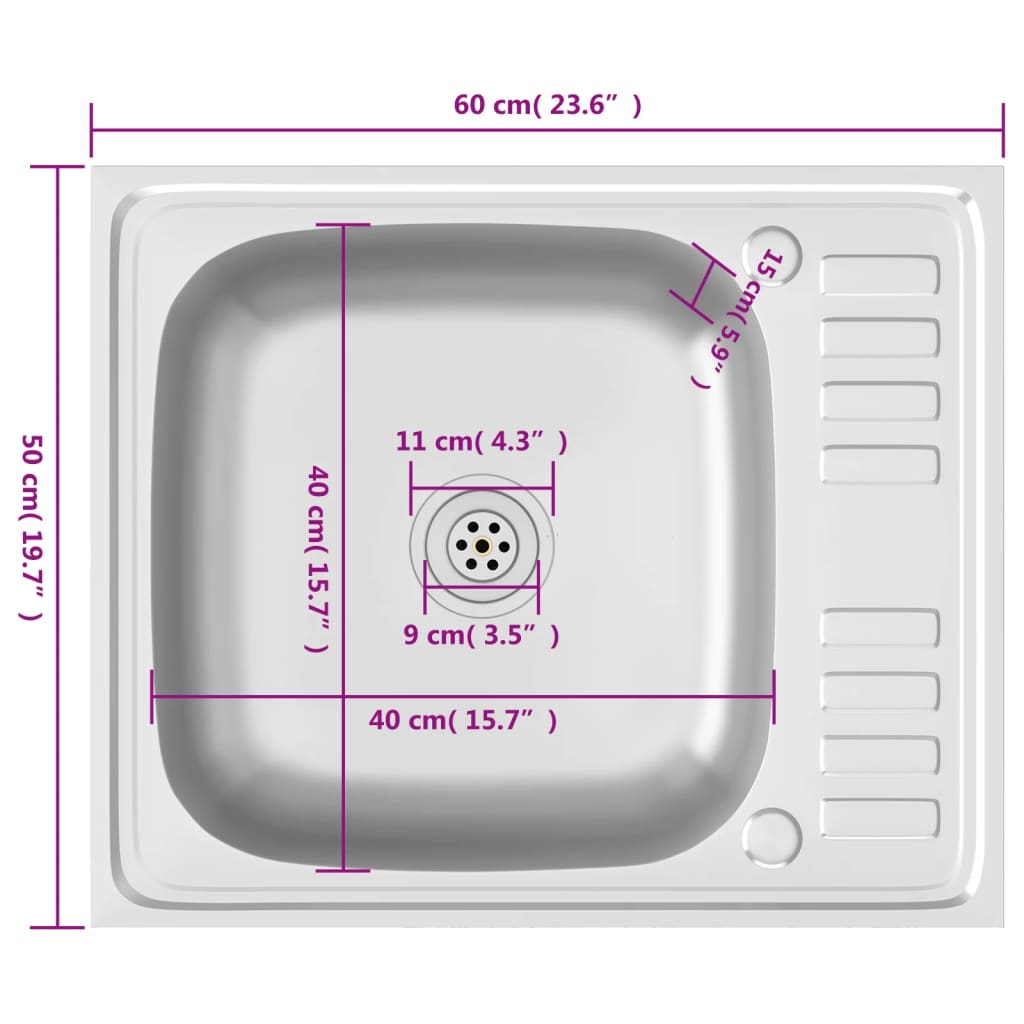 Évier avec set de vidage 500x600x155 mm acier inoxydable argent