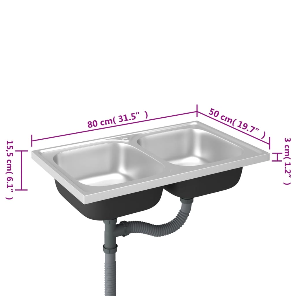 Gootsteen met dubbele bak 800x600x155 mm roestvrij staal zilver