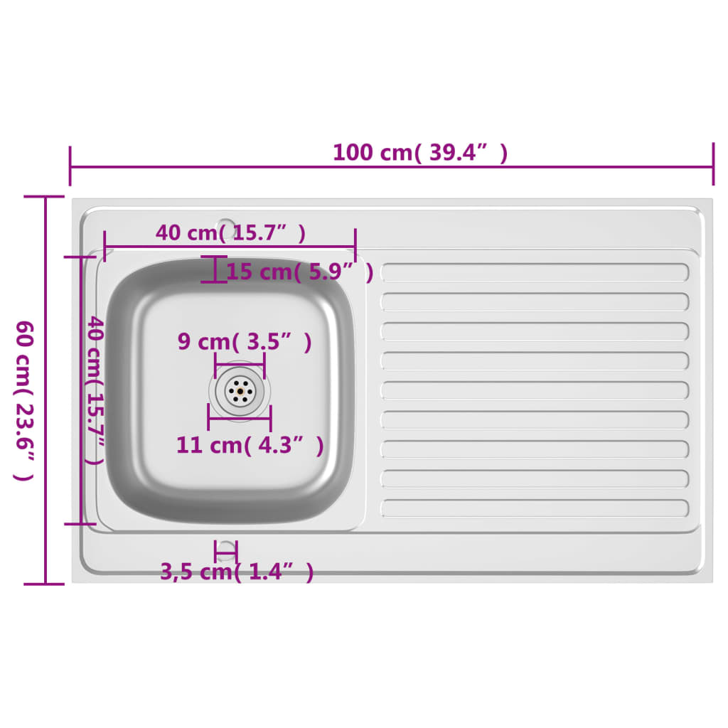 Évier avec bonde 1000x600x155 mm acier inoxydable argent