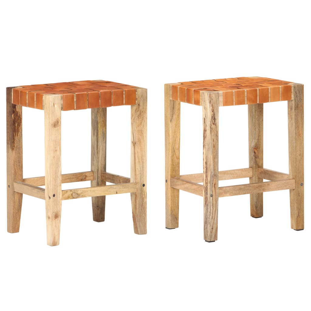 Tabourets de bar 2 pcs 46x36x60 cm cuir véritable bois de manguier massif