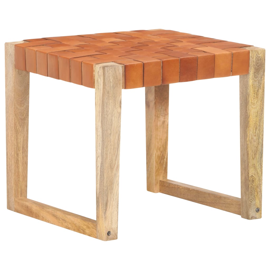 Tabouret en cuir véritable et bois de manguier massif marron clair