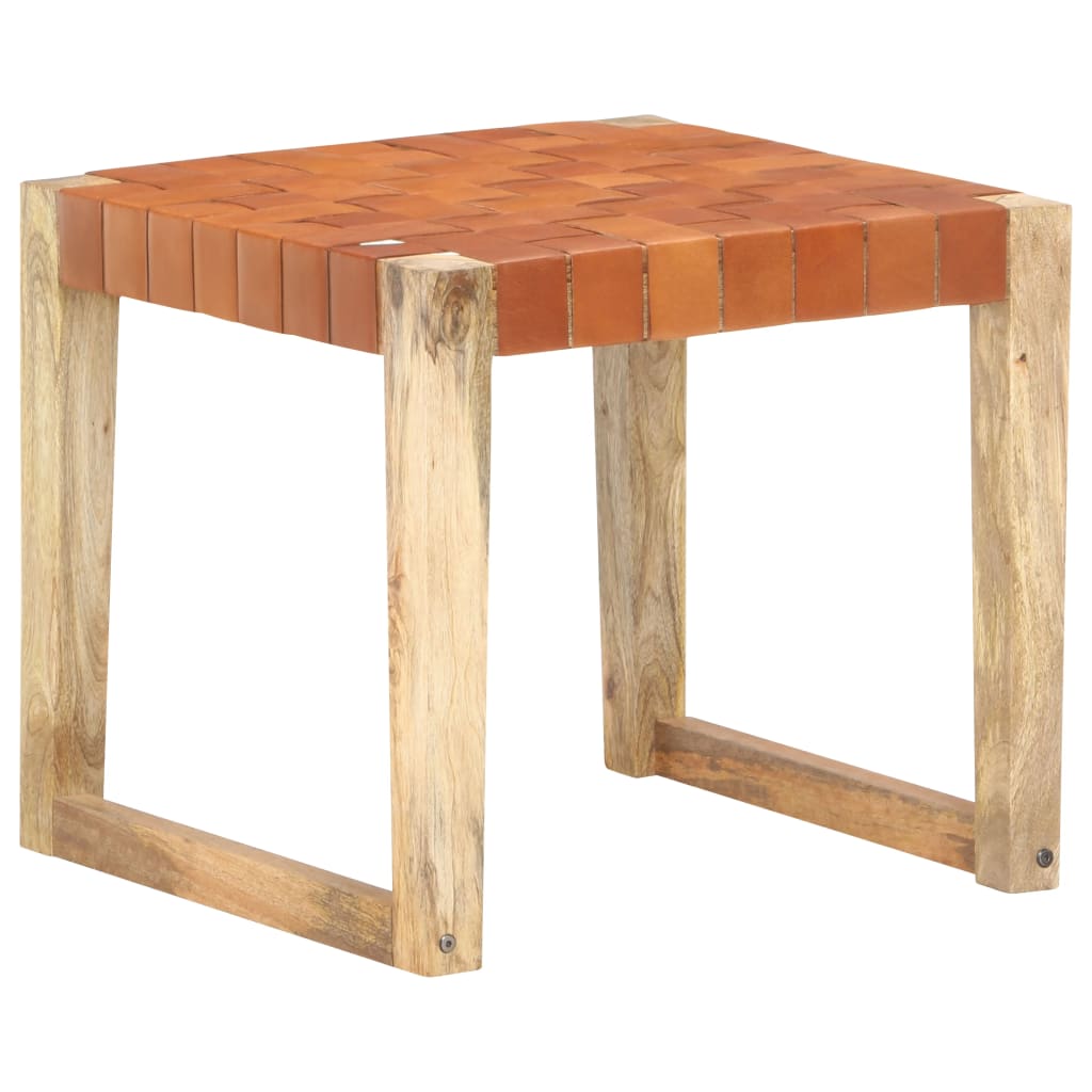 Tabouret en cuir véritable et bois de manguier massif marron clair