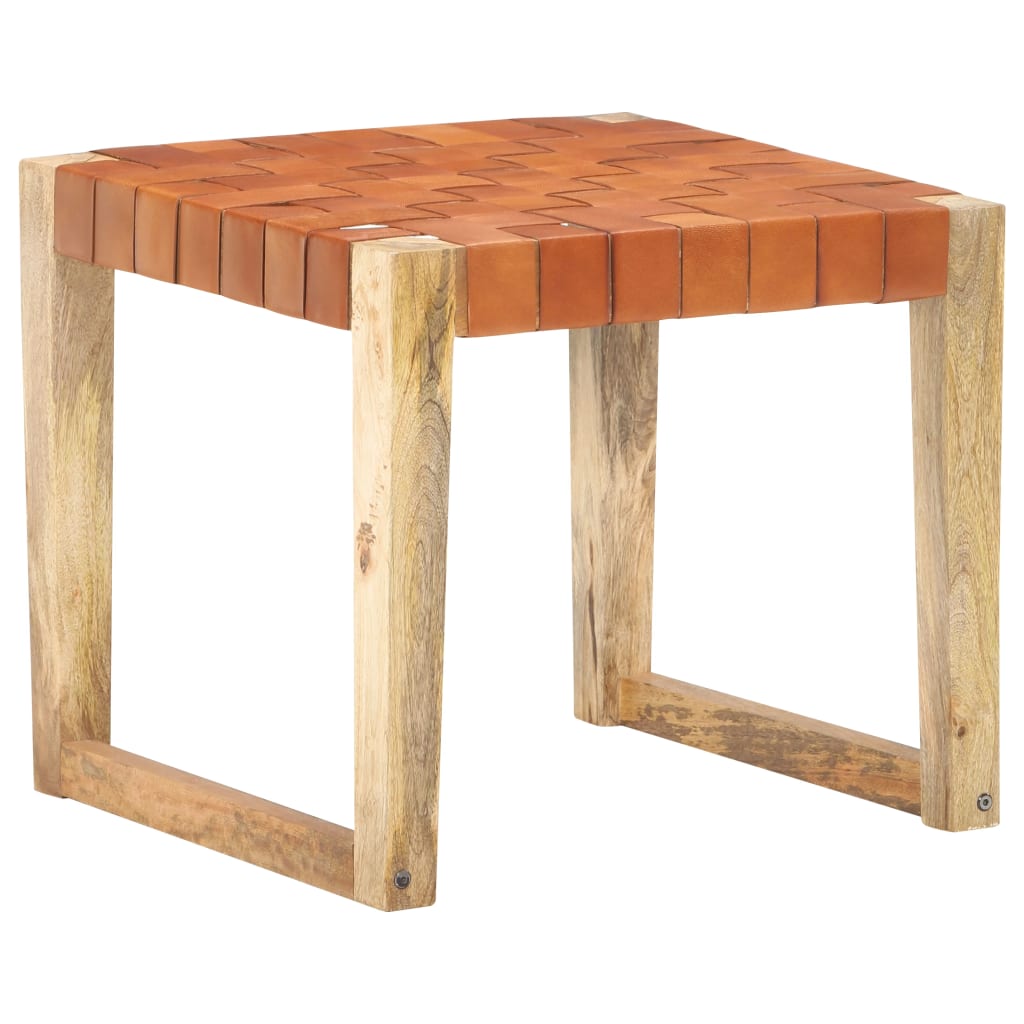 Tabouret en cuir véritable et bois de manguier massif marron clair