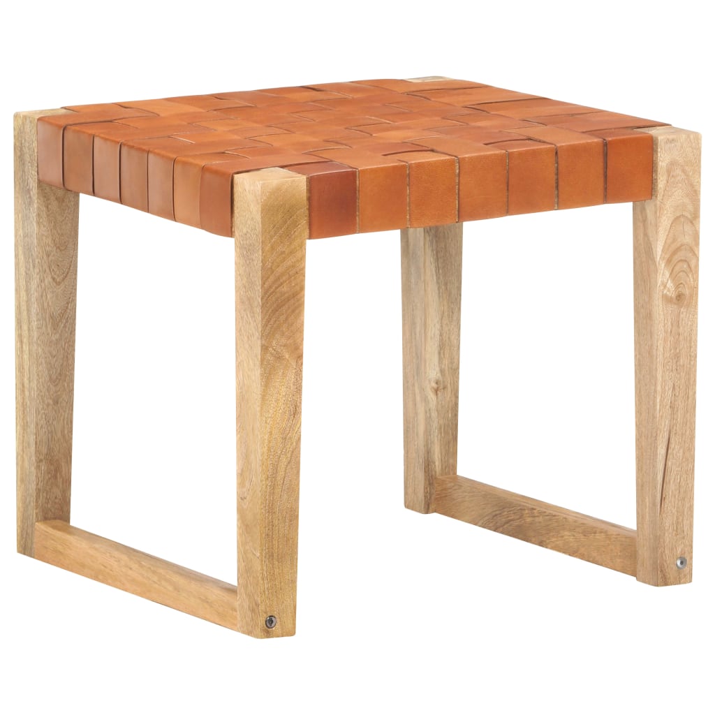 Tabouret en cuir véritable et bois de manguier massif marron clair