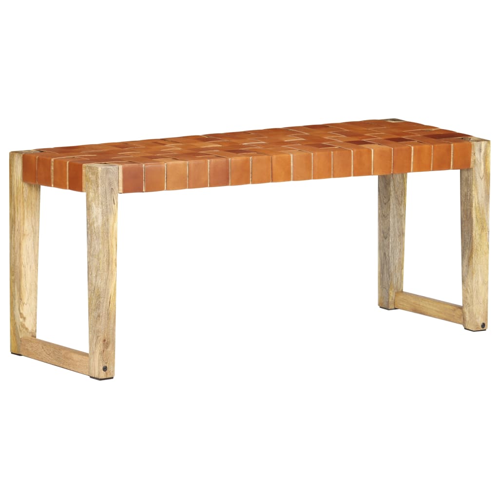 Banc 110 cm cuir véritable et bois de manguier massif marron