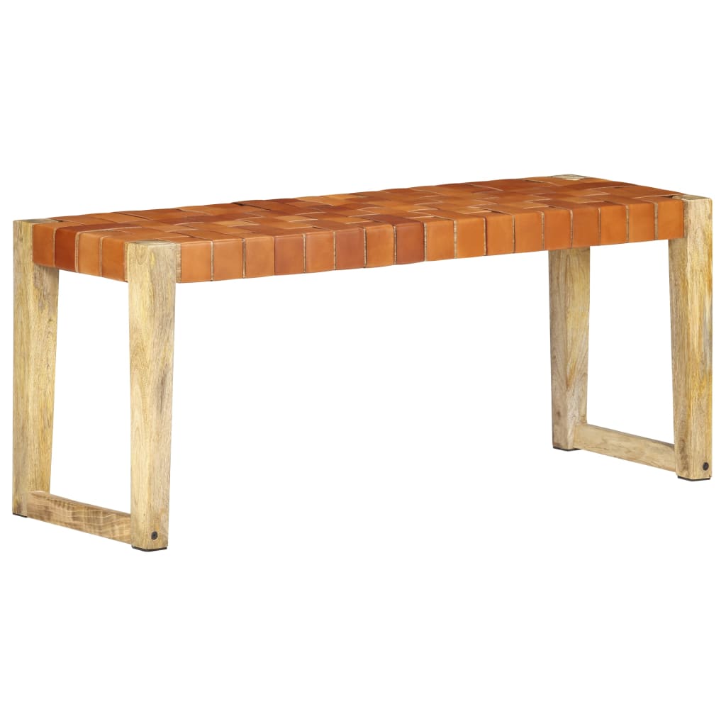 Banc 110 cm cuir véritable et bois de manguier massif marron