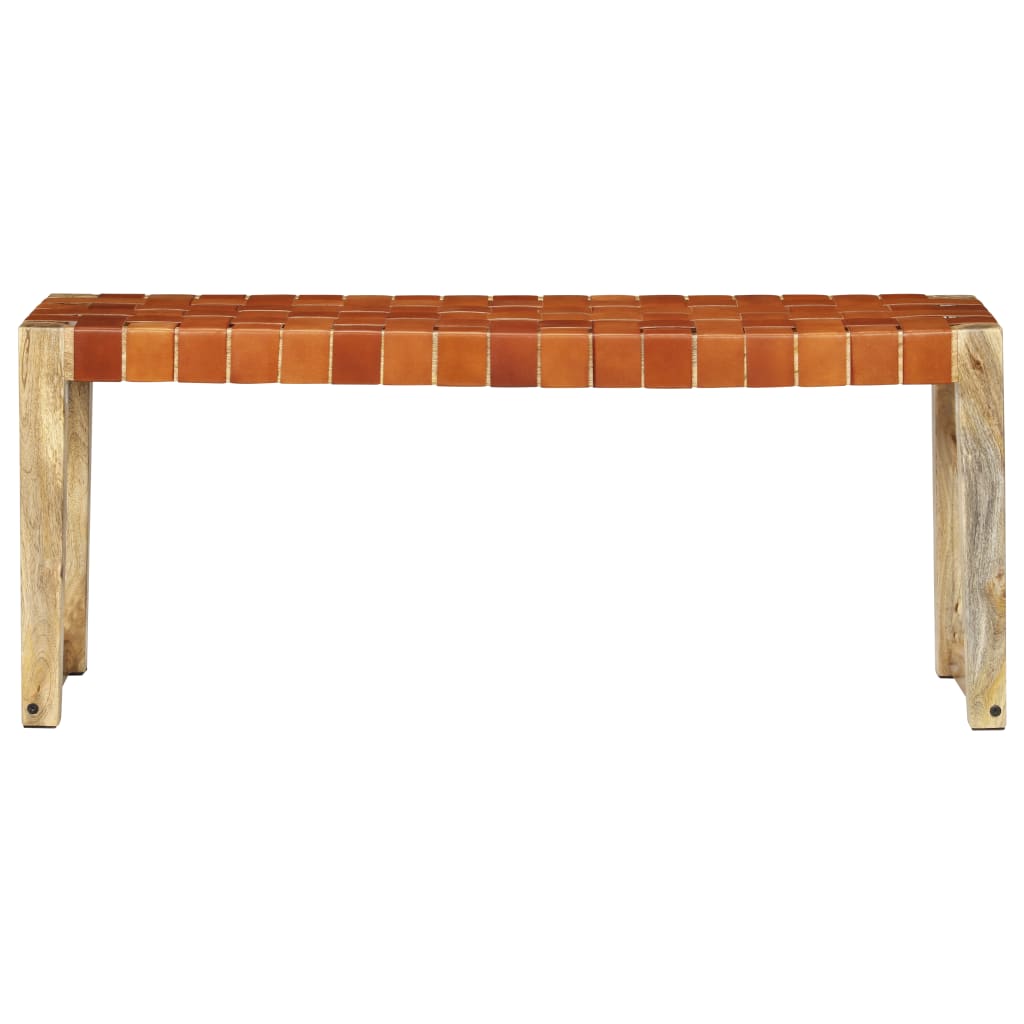 Banquette 110 cm cuir véritable et bois de manguier massif