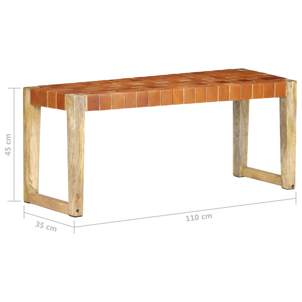 Banquette 110 cm cuir véritable et bois de manguier massif