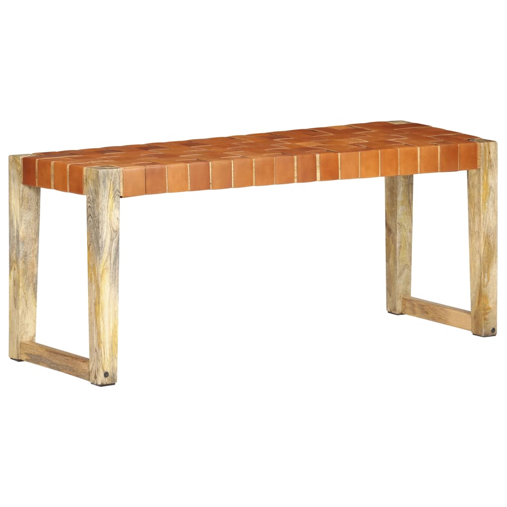 Banc 110 cm cuir véritable et bois de manguier massif marron