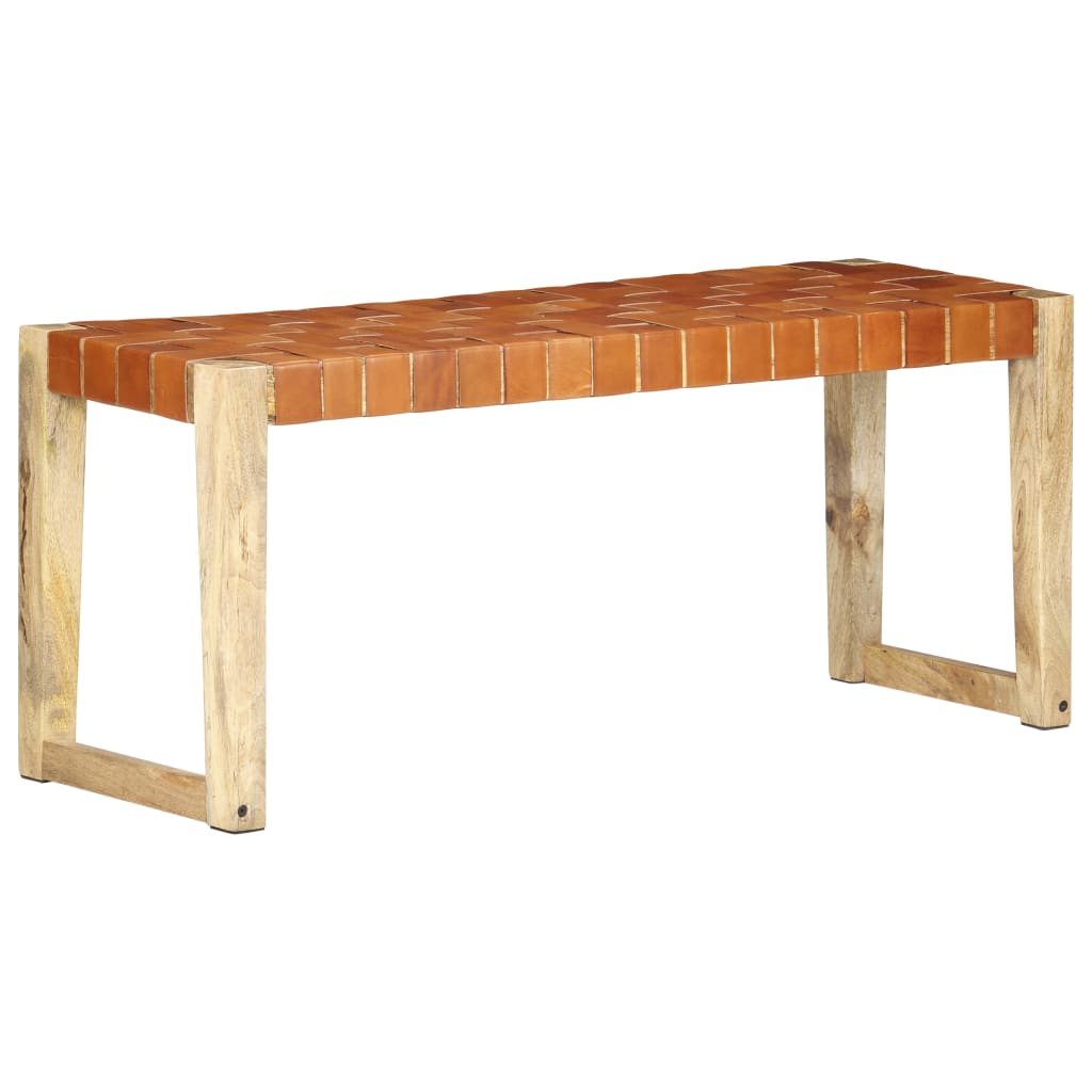 Banc 110 cm cuir véritable et bois de manguier massif marron