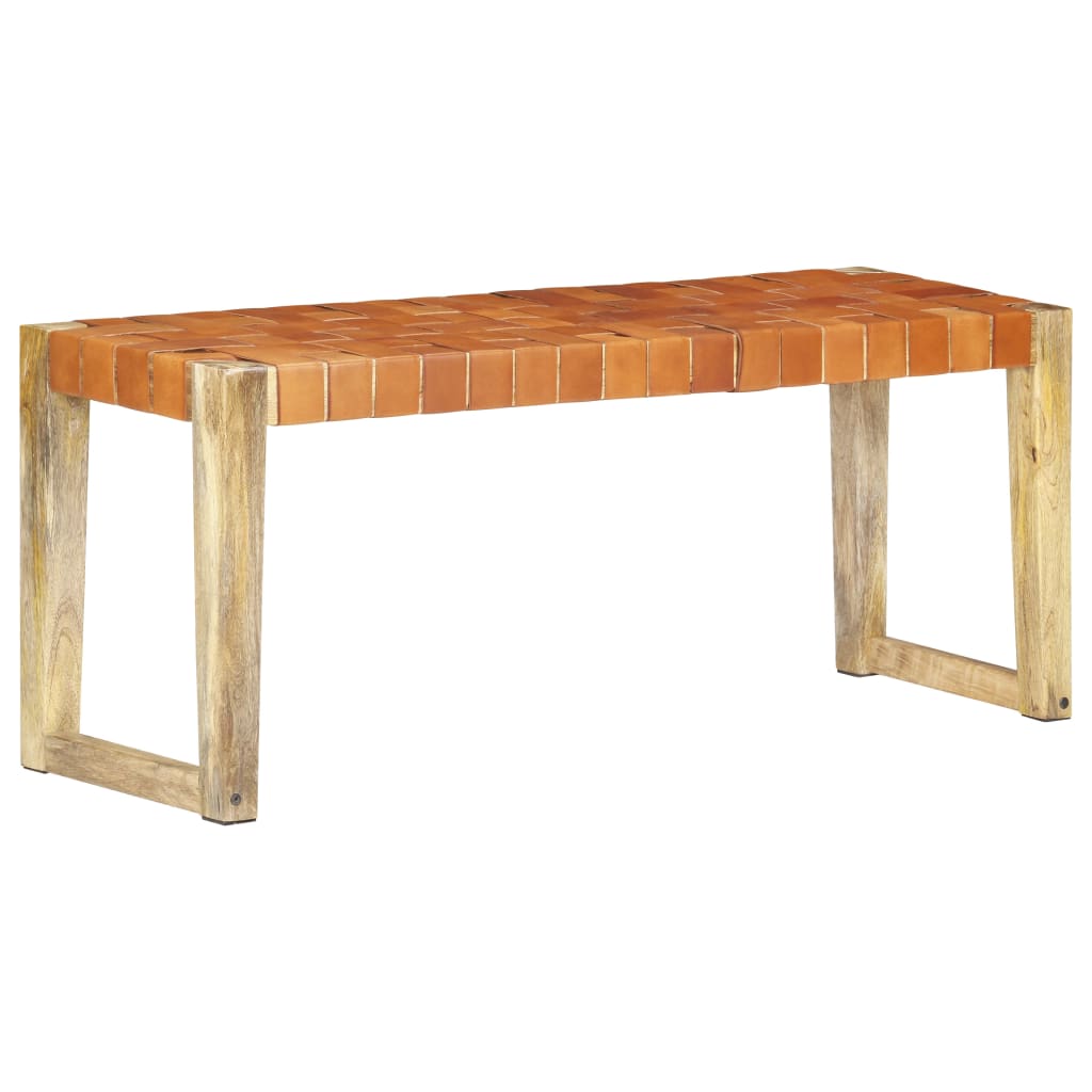 Banc 110 cm cuir véritable et bois de manguier massif marron