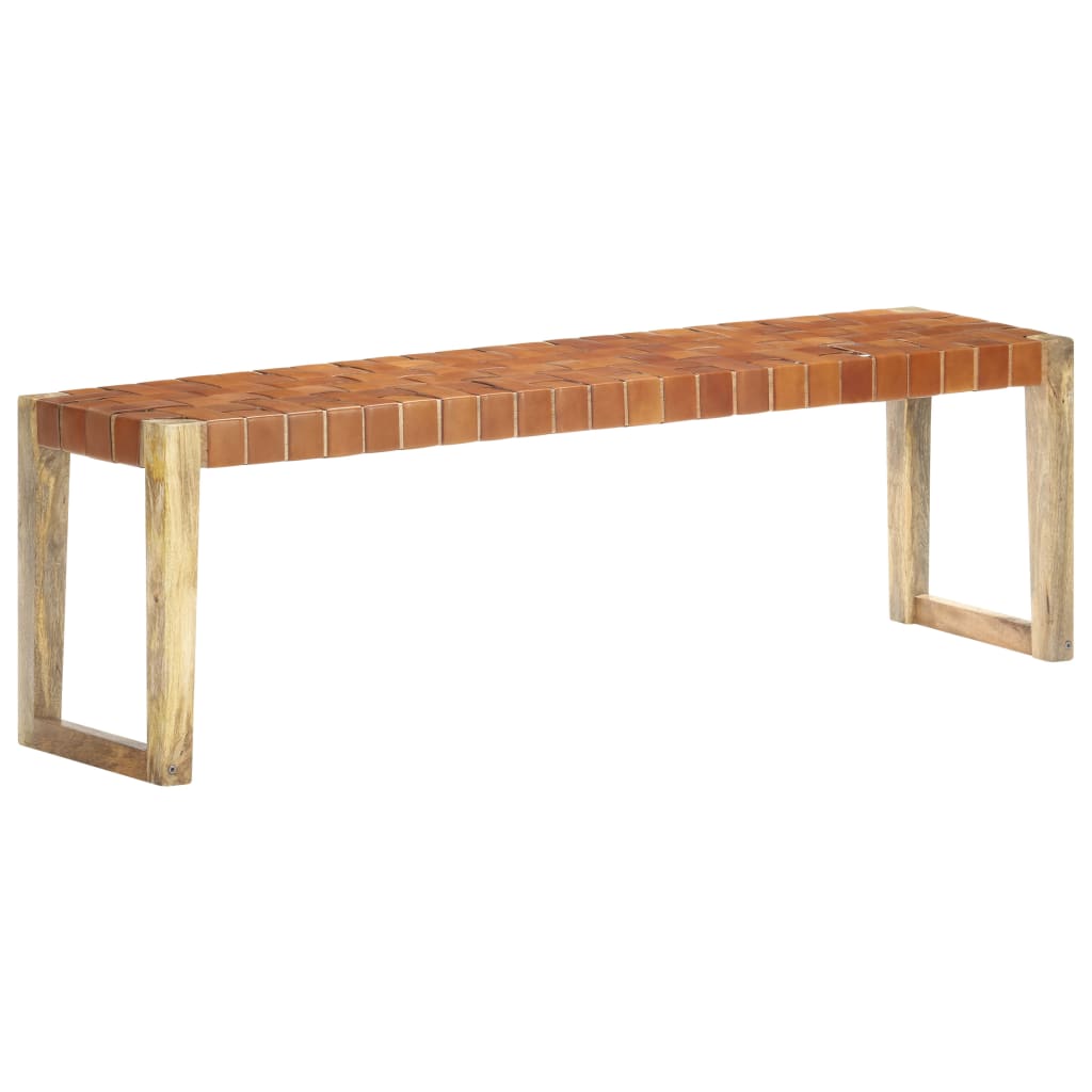 Banc 110 cm cuir véritable et bois de manguier massif marron